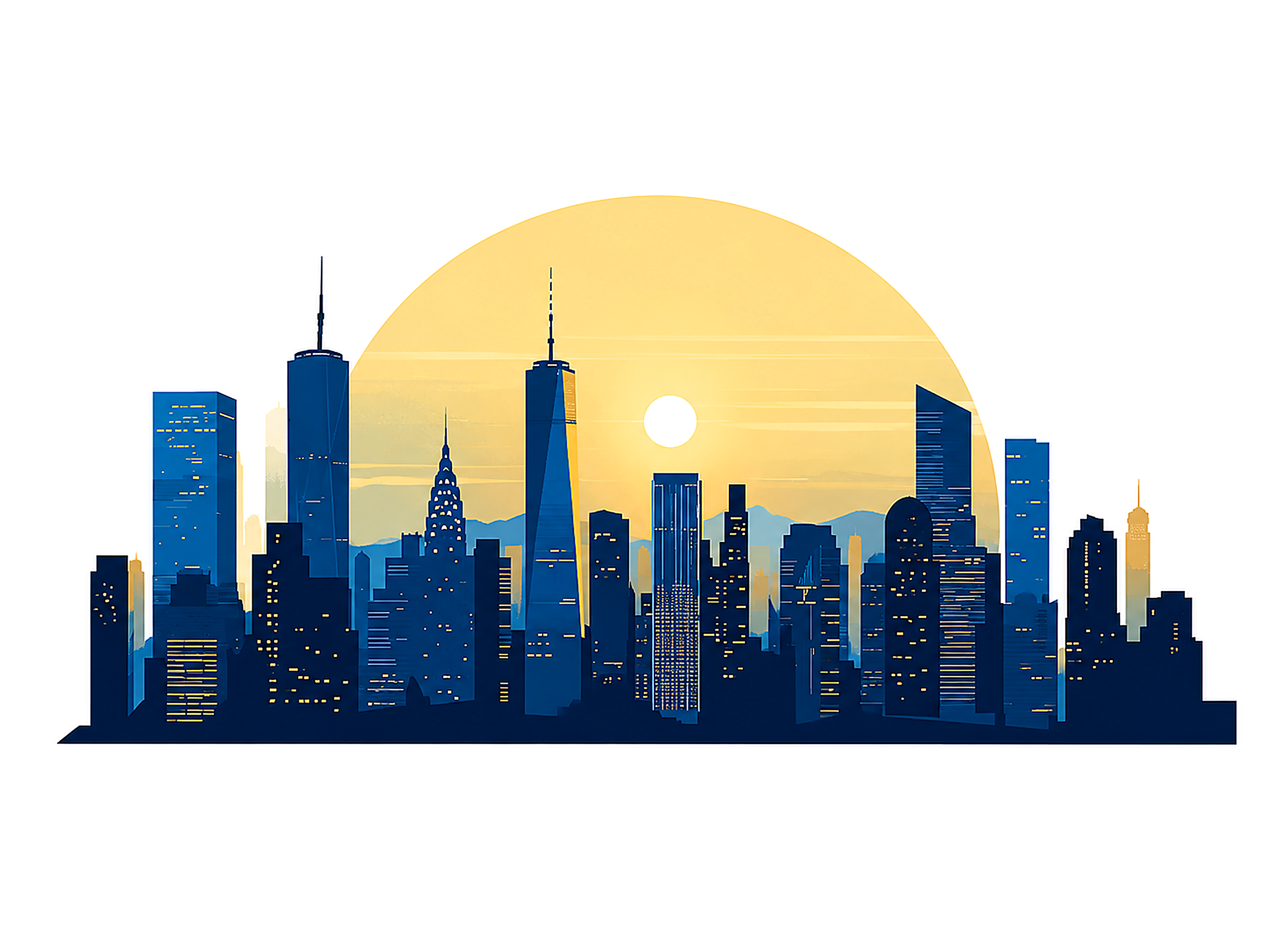 Stylized illustration of a city skyline at golden hour